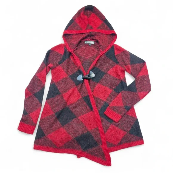 Almost Famous Red Black Buffalo Plaid Hooded Toggle Cardigan Womens Retro - Picture 2 of 9